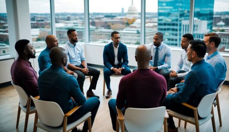 A group of men sit in a circle in a therapy session, surrounded by the urban landscape of Washington, DC. They engage in deep conversation with their therapists