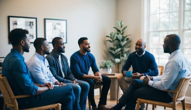 A group of men sit in a circle, sharing their experiences with a therapist in a cozy office in Atlanta, Georgia. The therapist listens attentively, providing support and guidance