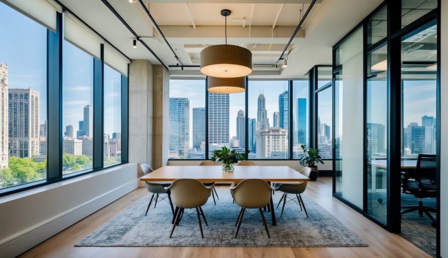 A peaceful office space with calming decor and natural lighting, located in the heart of downtown Chicago