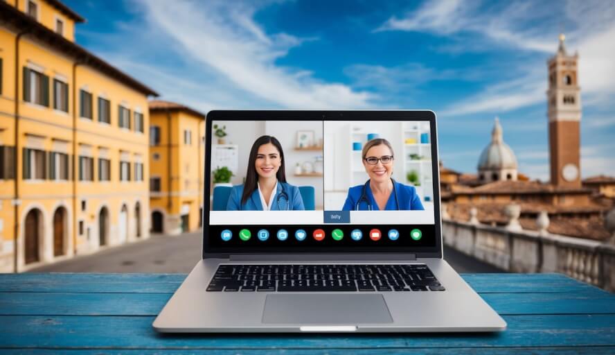 A laptop displaying a video call with a therapist, set against a backdrop of Italian architecture and scenery