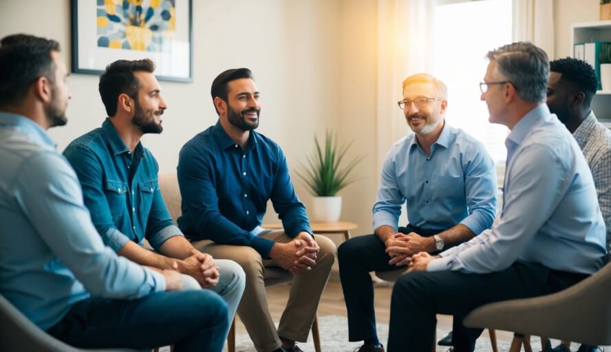 A group of men sit in a circle, sharing their experiences with a therapist in a cozy office in Phoenix, AZ. The therapist listens attentively, offering support and guidance