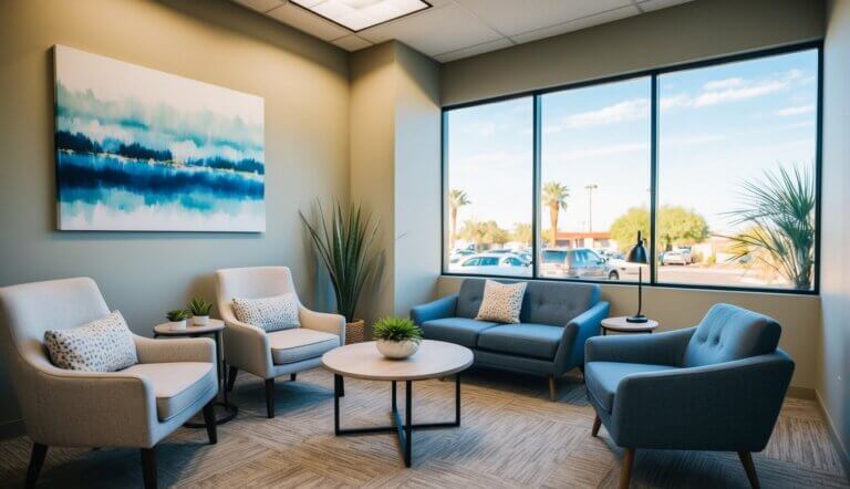 A serene office space with calming decor and natural light, featuring comfortable seating and a peaceful atmosphere for work stress therapists in Phoenix, AZ
