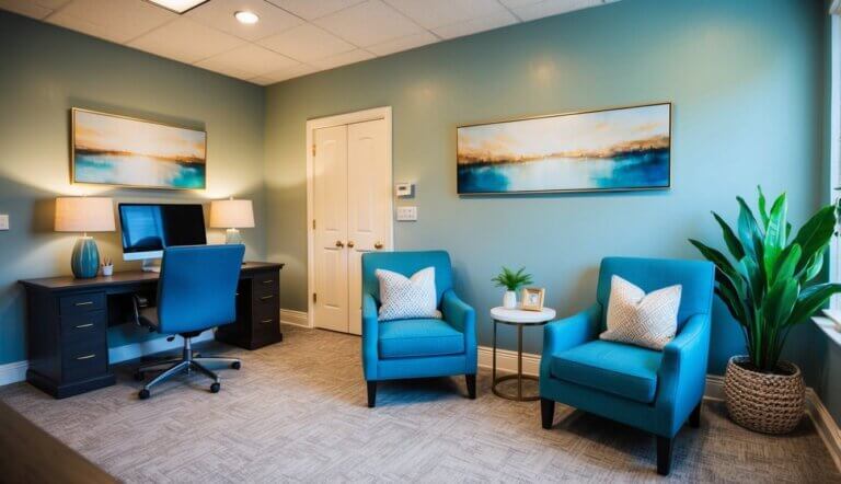 A therapist's office in Houston, TX with a calming decor, soft lighting, and comfortable seating. A desk with a computer and a cozy, inviting atmosphere