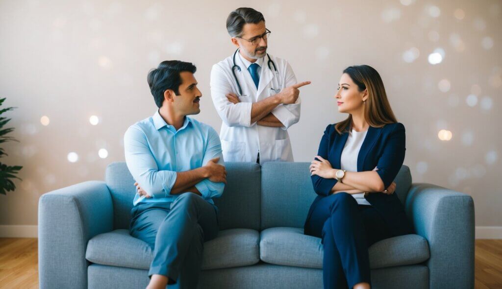 A couple sits on opposite ends of a couch, arms crossed, facing a therapist with a skeptical expression. The therapist gestures reassuringly