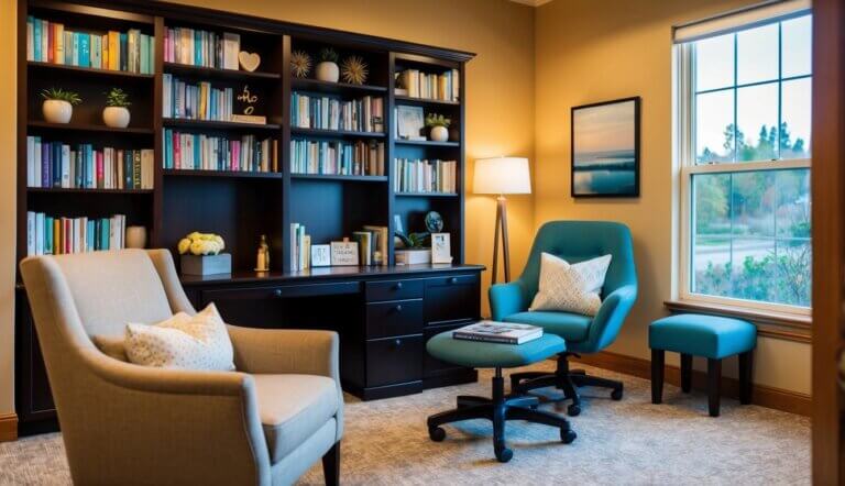 A cozy office in Portland with warm lighting and comfortable chairs. A bookshelf filled with self-help books and calming decor. A therapist's desk with a calming view of nature outside the window