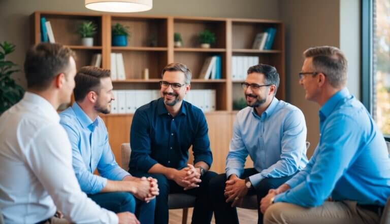 A group of men sitting in a circle, talking with a therapist in a cozy office in Madison, WI