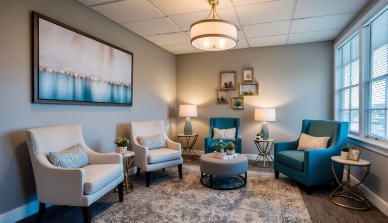 A cozy office with calming decor, soft lighting, and comfortable seating for work stress therapists in Madison, WI