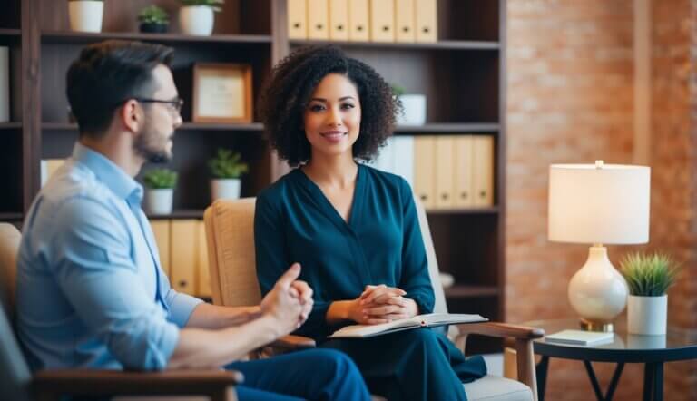 A cozy office in Berkeley with warm lighting and comfortable seating, a therapist and client engage in deep conversation