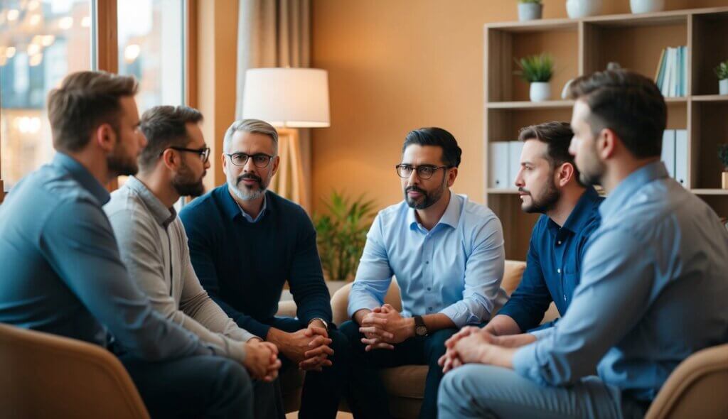 A group of men gather in a cozy office, surrounded by warm colors and soft lighting. The therapist listens attentively as they share their struggles
