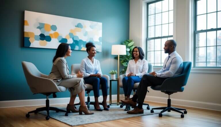 Therapists in a Boston office, with calming decor and soft lighting, offering support and guidance to clients experiencing work-related stress