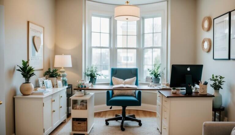 A cozy office in Philadelphia, PA, with calming decor and soft lighting. A therapist's desk is neatly organized with stress-relief tools and resources