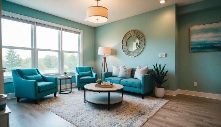 A cozy office with calming decor and soft lighting, featuring comfortable seating and a serene atmosphere for work stress therapists in Minneapolis, MN