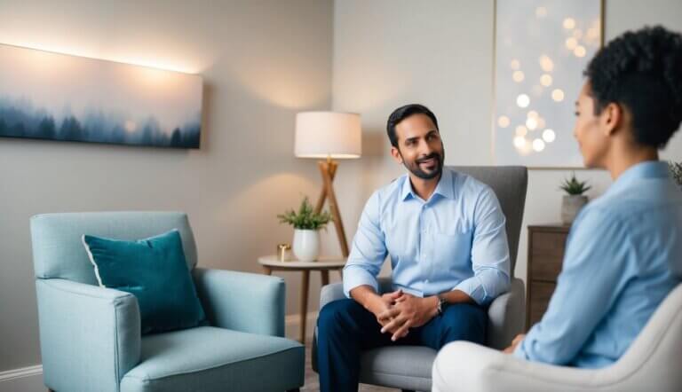 A cozy office with comfortable seating, soft lighting, and calming decor. A male therapist listens attentively to a client sharing their feelings