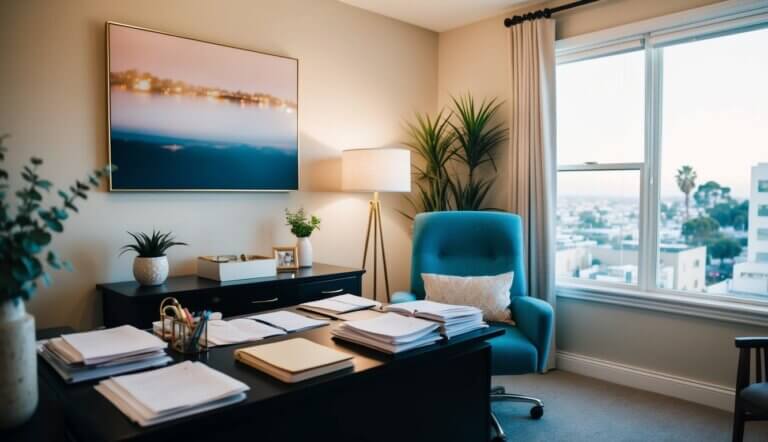 A cozy office in Santa Monica with calming decor and soft lighting, a therapist's desk cluttered with papers and a comfortable chair for clients