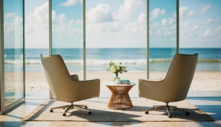 A serene beachside office in Santa Monica with comfortable seating and natural light
