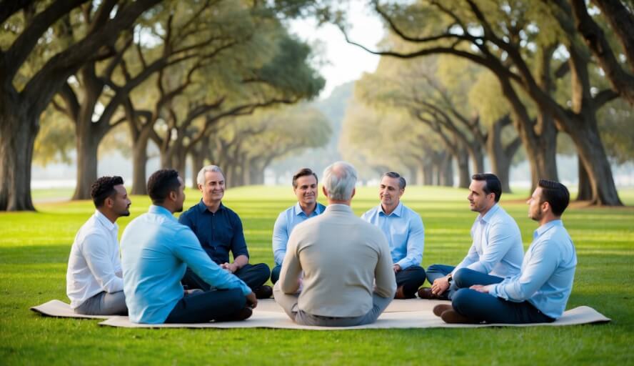 A group of men sit in a circle, surrounded by oak trees in a tranquil park, engaging in a therapy session with a counselor in Oakland, CA