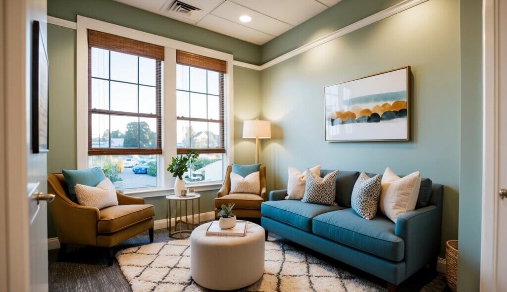 A cozy office in Oakland, CA, with calming decor, soft lighting, and comfortable seating for work stress therapists
