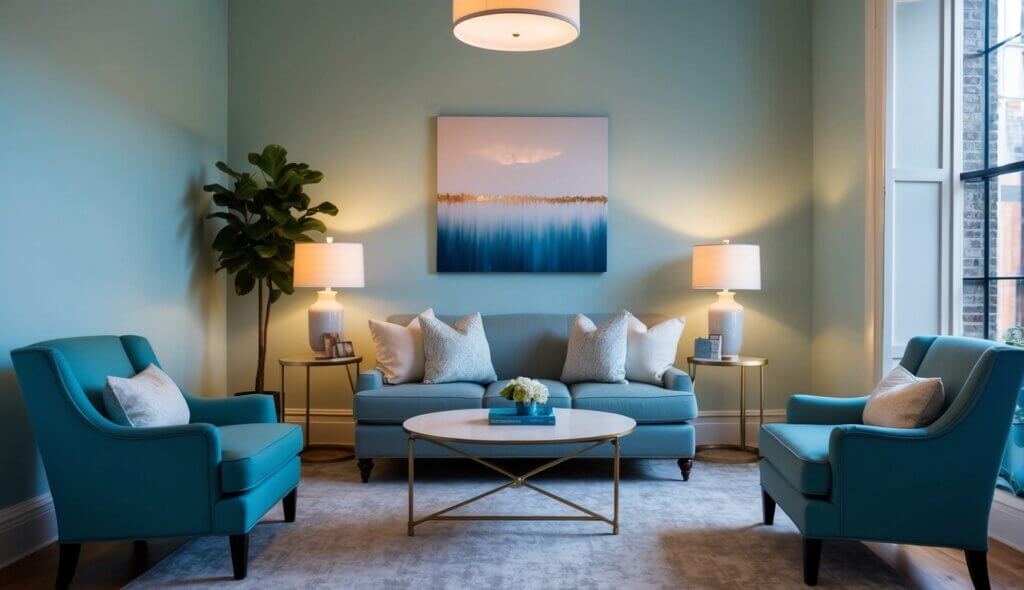 A serene office with calming decor and soft lighting, featuring comfortable seating and a peaceful atmosphere in New Orleans, LA
