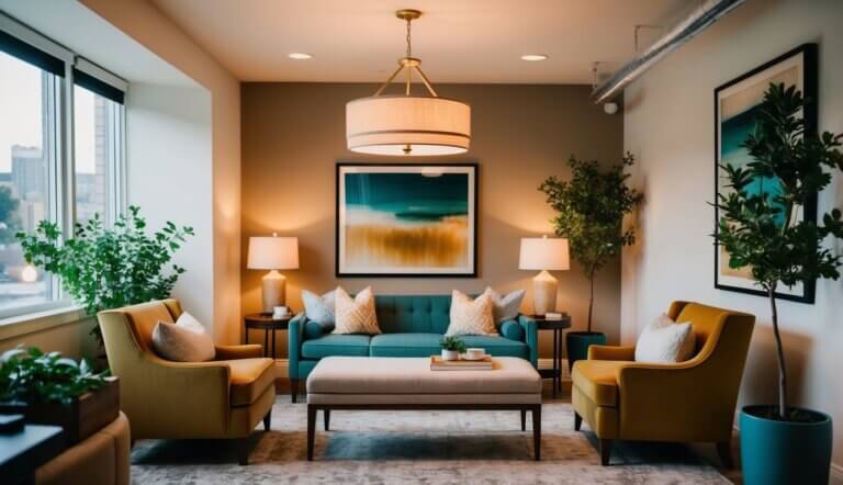 A cozy office in New Orleans with warm lighting and comfortable seating, surrounded by calming artwork and greenery