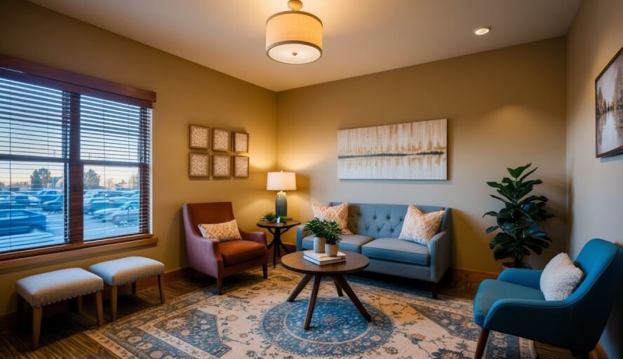 A cozy office in Santa Fe, NM, with warm lighting, comfortable seating, and calming decor for work stress therapists