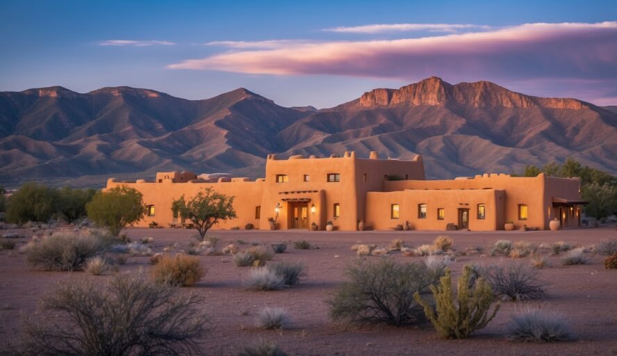 A serene desert landscape with a warm, inviting adobe building nestled among the mountains of Santa Fe, NM, where men seek therapy for depression