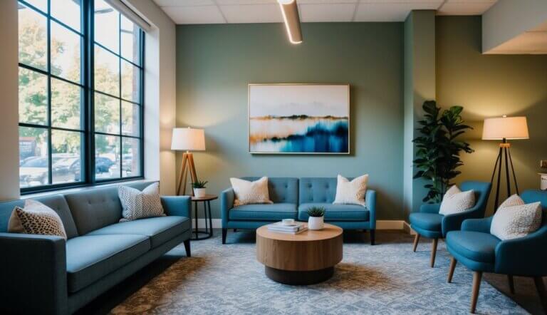 A cozy office in Seattle, WA with a calming atmosphere, soft lighting, and comfortable seating for work stress therapists to meet with clients