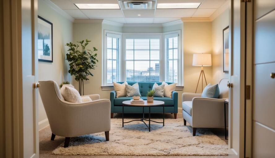 A cozy office with soft lighting, comfortable seating, and calming decor