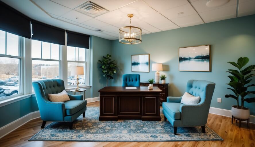 A cozy office with a desk, comfortable chairs, and calming decor in Raleigh, NC