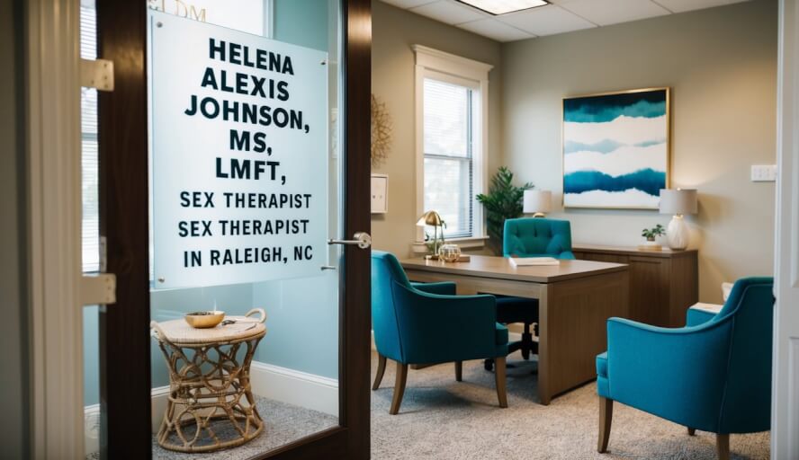 A cozy office with a desk, chairs, and calming decor. A sign outside reads "Helena Alexis Johnson, MS, LMFT Sex Therapist in Raleigh, NC."