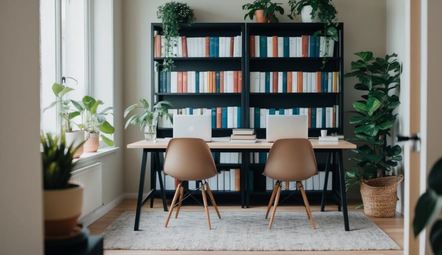 A cozy office with a desk, two chairs, and a bookshelf filled with psychology and relationship books. A calming atmosphere with soft lighting and plants