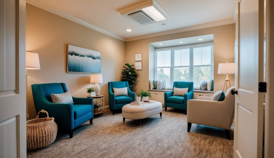 A therapist's office with a cozy, professional setting. Warm lighting, comfortable seating, and calming decor create a welcoming atmosphere