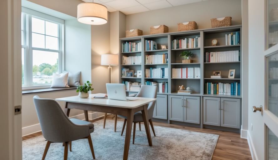 A cozy office with a desk, two chairs, and soft lighting. A bookshelf filled with therapy resources and a calming, neutral color scheme