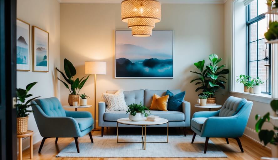 A cozy office with soft lighting and comfortable seating, adorned with calming artwork and plants