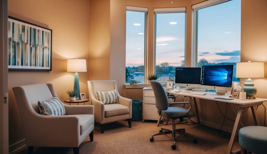 A cozy office with warm lighting, comfortable seating, and calming decor. A desk with a computer and therapy materials