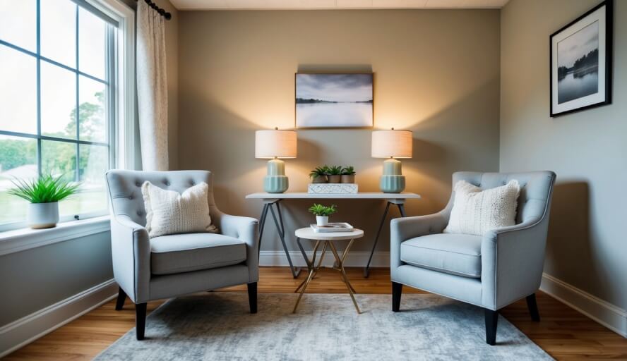 A cozy office with two armchairs and a small table, soft lighting, and calming decor