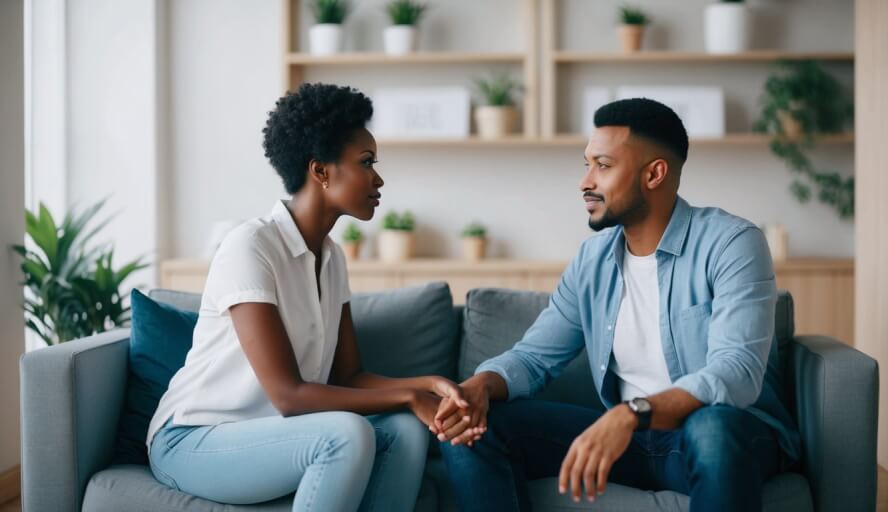 A couple sits on a couch facing each other, engaged in deep conversation. A counselor listens attentively, offering guidance and support