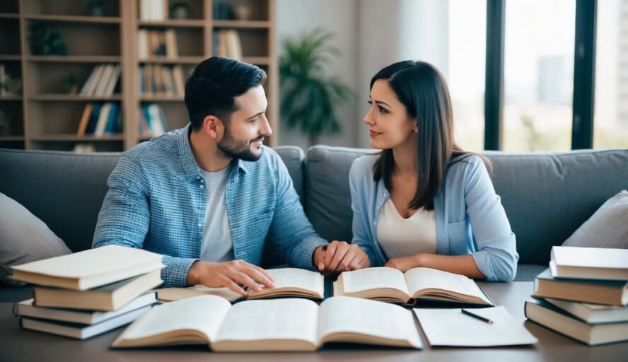 A couple sitting on a couch, surrounded by open books and papers, engaging in a deep conversation with a counselor