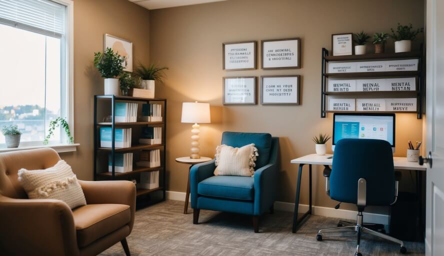 A cozy office with warm lighting, comfortable seating, and calming decor. A bookshelf filled with resources on mental health and a desk with a computer for appointments