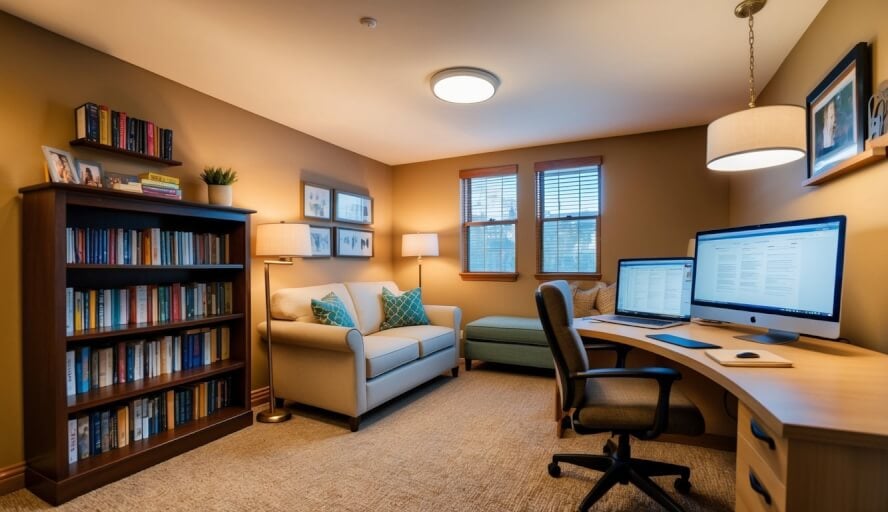 A cozy office with warm lighting, comfortable seating, and calming decor. A bookshelf filled with self-help books and a desk with a computer and notepad