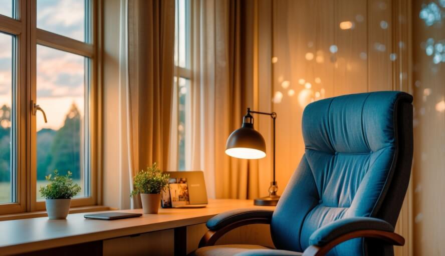 A cozy office with a comfortable chair and warm lighting, a peaceful view of nature outside the window