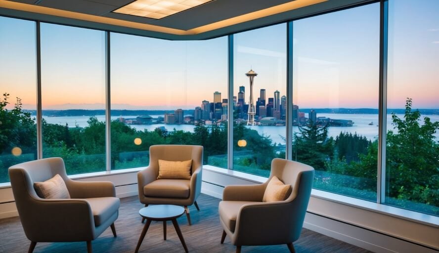 A serene office with comfortable seating and soft lighting, overlooking a peaceful view of the Seattle skyline and surrounding nature
