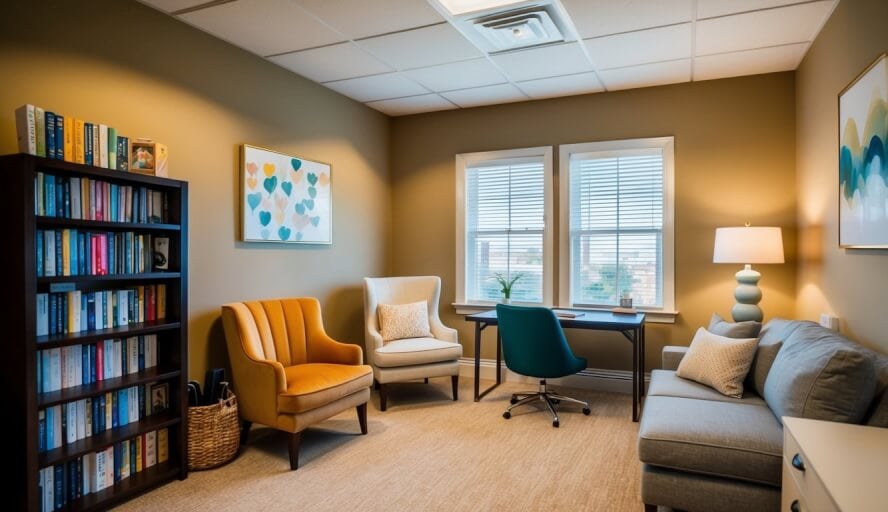 A cozy office with a warm color scheme, comfortable seating, and soft lighting. A bookshelf filled with self-help books and calming artwork on the walls