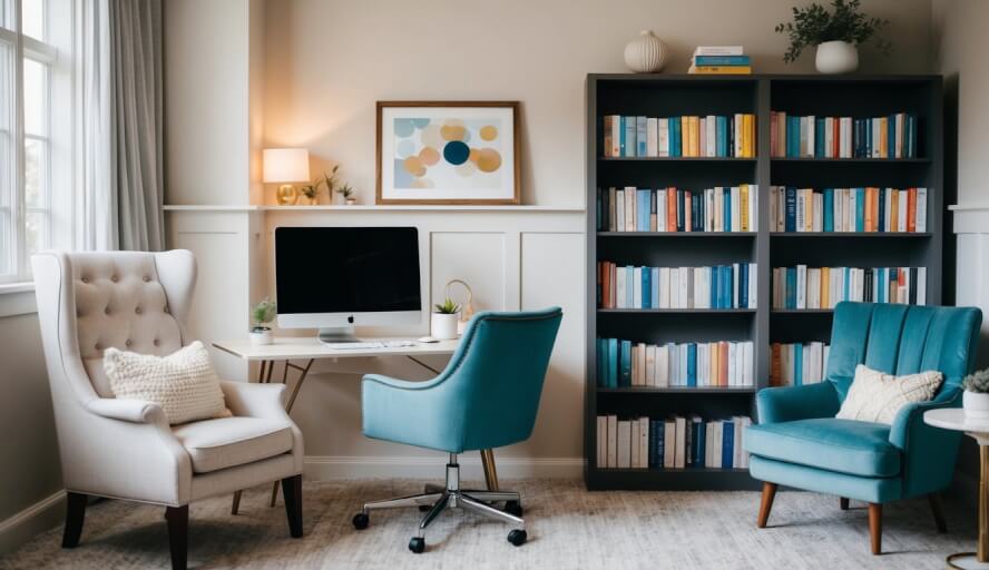 A cozy office with a comfortable chair, soft lighting, and calming decor. A desk with a computer and a bookshelf filled with self-help books