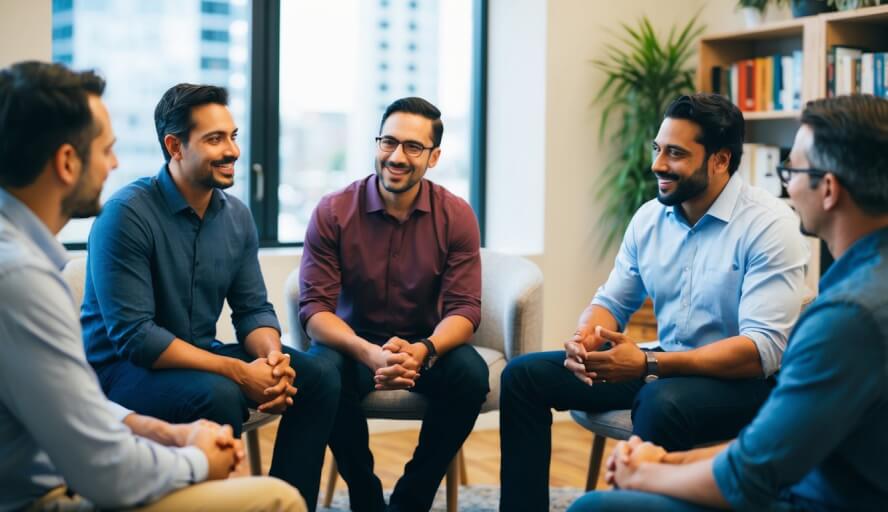 A group of men sitting in a circle, sharing their experiences with a therapist in a cozy office in Seattle, WA
