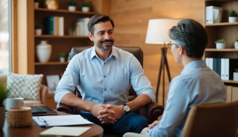 A man sitting in a comfortable office chair, surrounded by warm and inviting decor. A therapist listens attentively as the man shares his thoughts and feelings in San Jose, CA