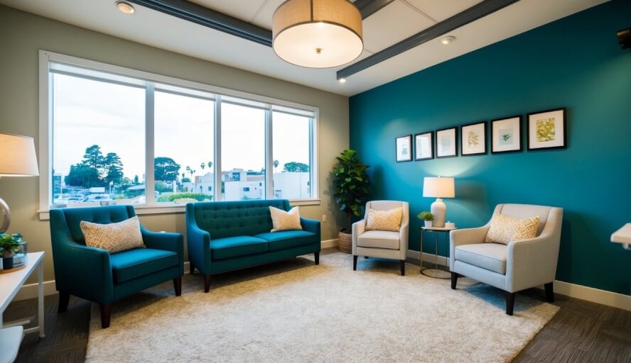 A cozy therapy office in San Jose, CA, with comfortable seating, soft lighting, and calming decor