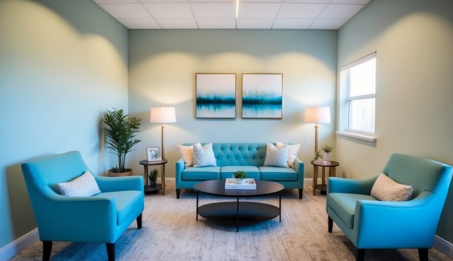 A serene office space with calming decor, soft lighting, and comfortable seating for therapy sessions