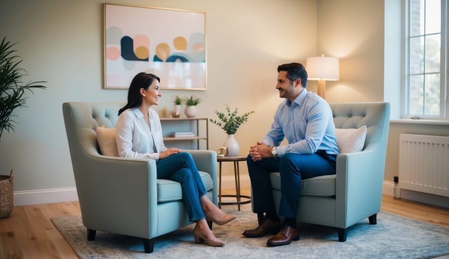 A cozy office with calming decor, soft lighting, and comfortable seating. A therapist and client engage in a supportive conversation