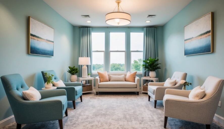 A serene office with calming decor, soft lighting, and comfortable seating for therapy sessions