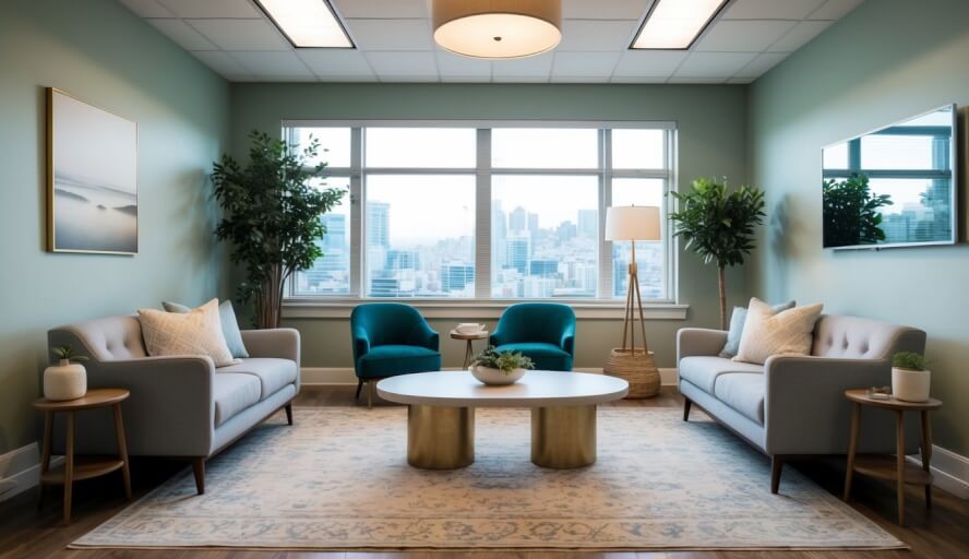 A serene office space with calming decor and natural light, nestled in the heart of San Francisco, provides a peaceful sanctuary for stress therapists